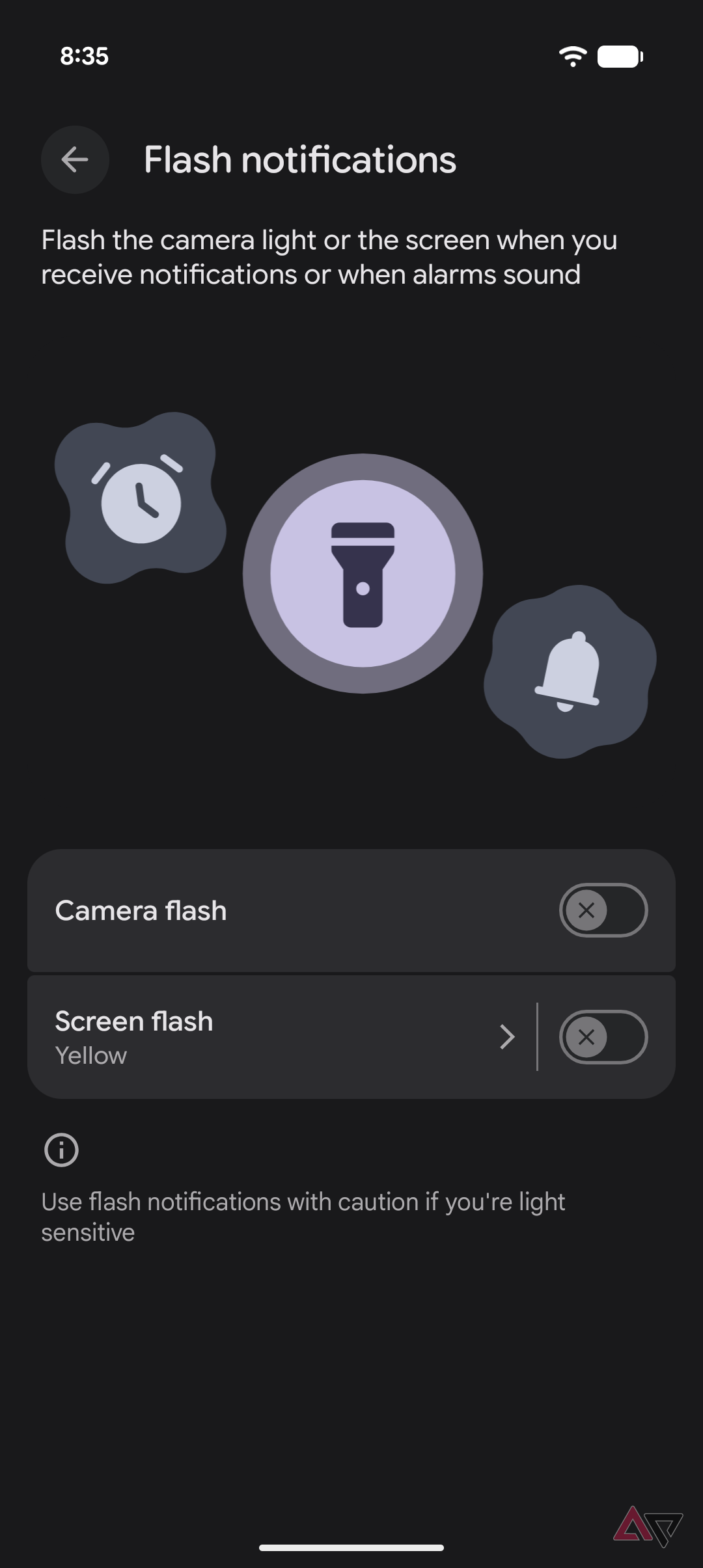 flash notifications toggles off