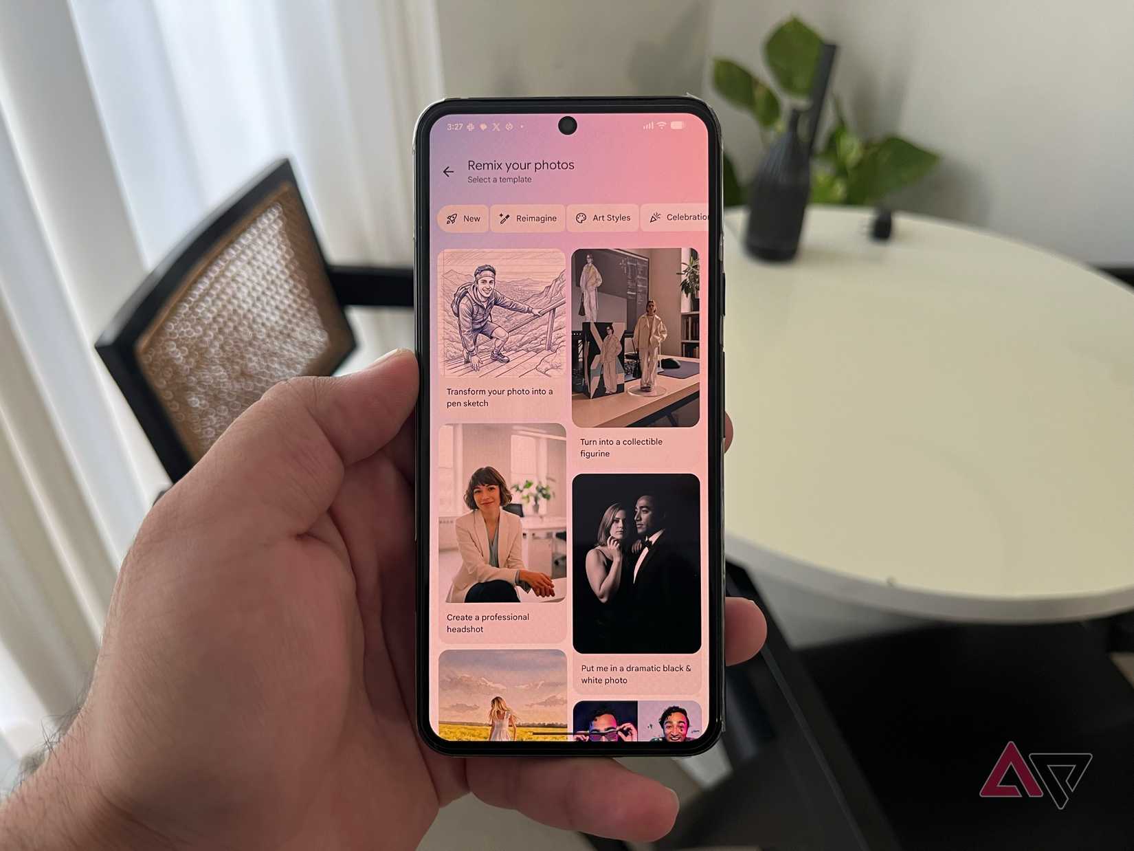 Hand holding Pixel phone showing Google Photos' Remix feature