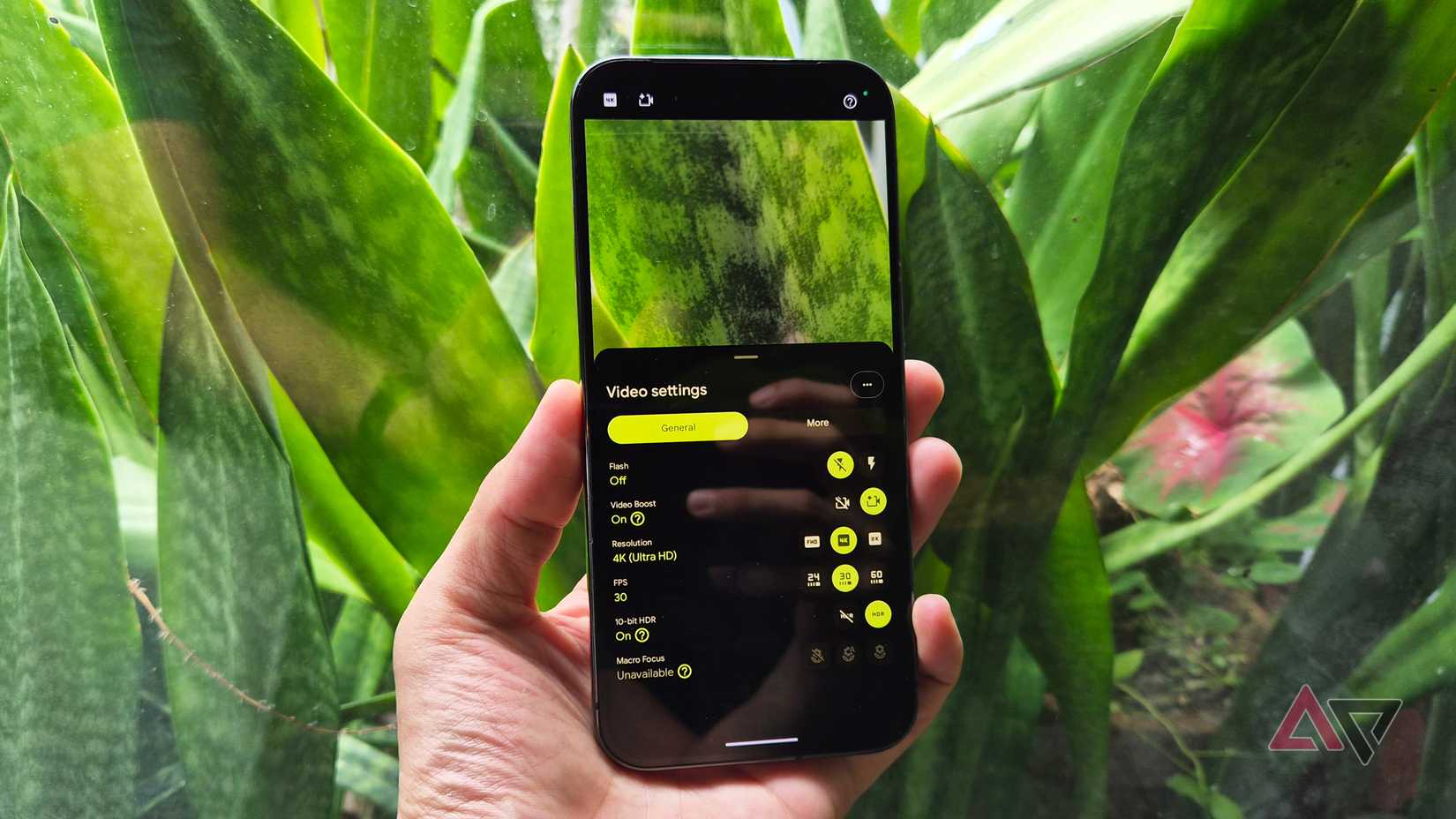 Google Pixel 9 Pro XL with the camera app on video mode with video boost feature
