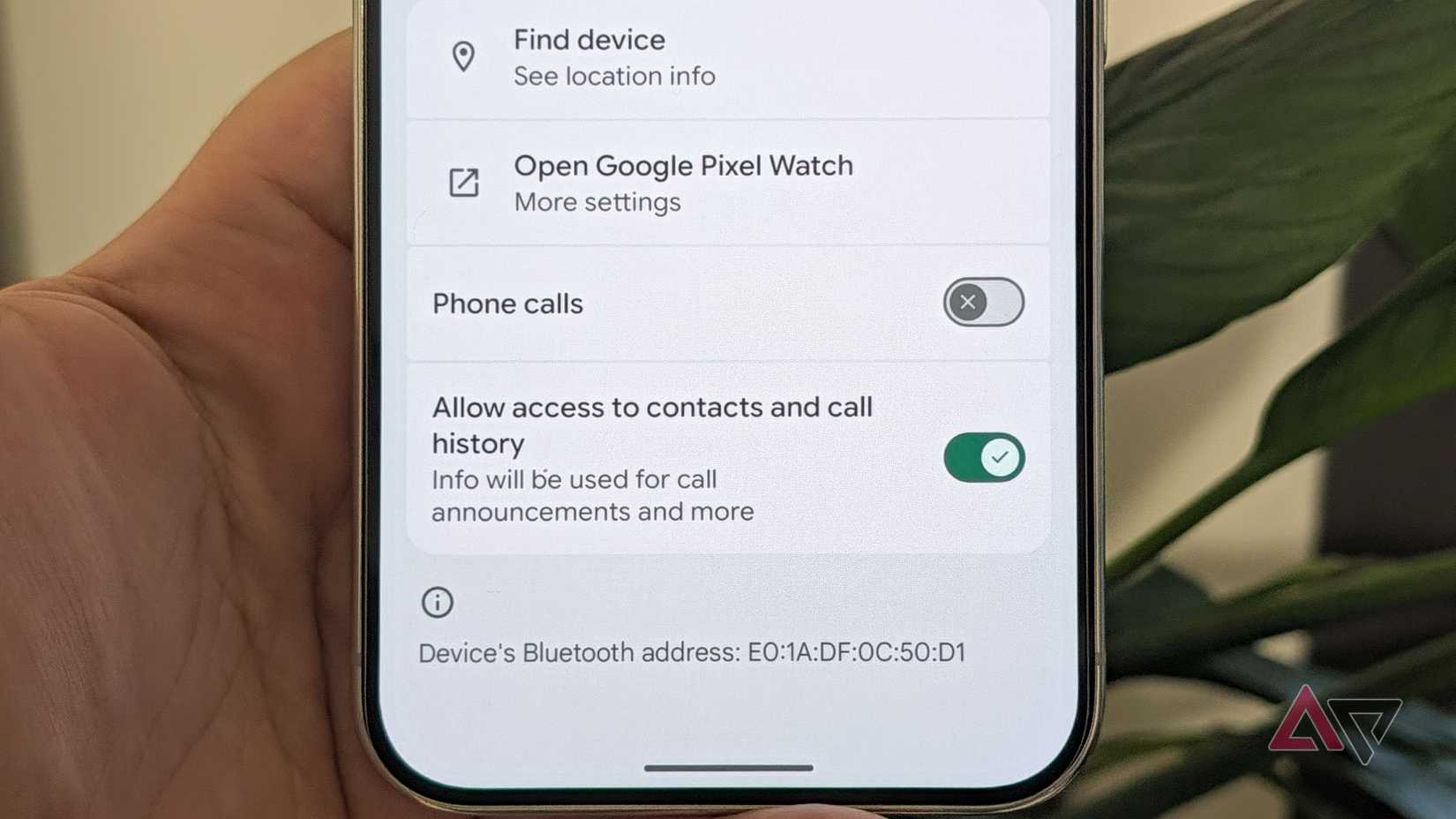 Pixel phone showing the bottom of the Bluetooth connection screen for the Pixel Watch 5, with phone calls off