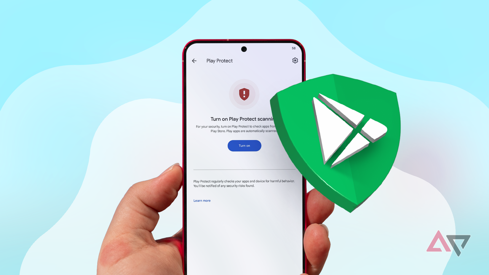 Google Play Protect disabled on an Android phone with a security shield icon.