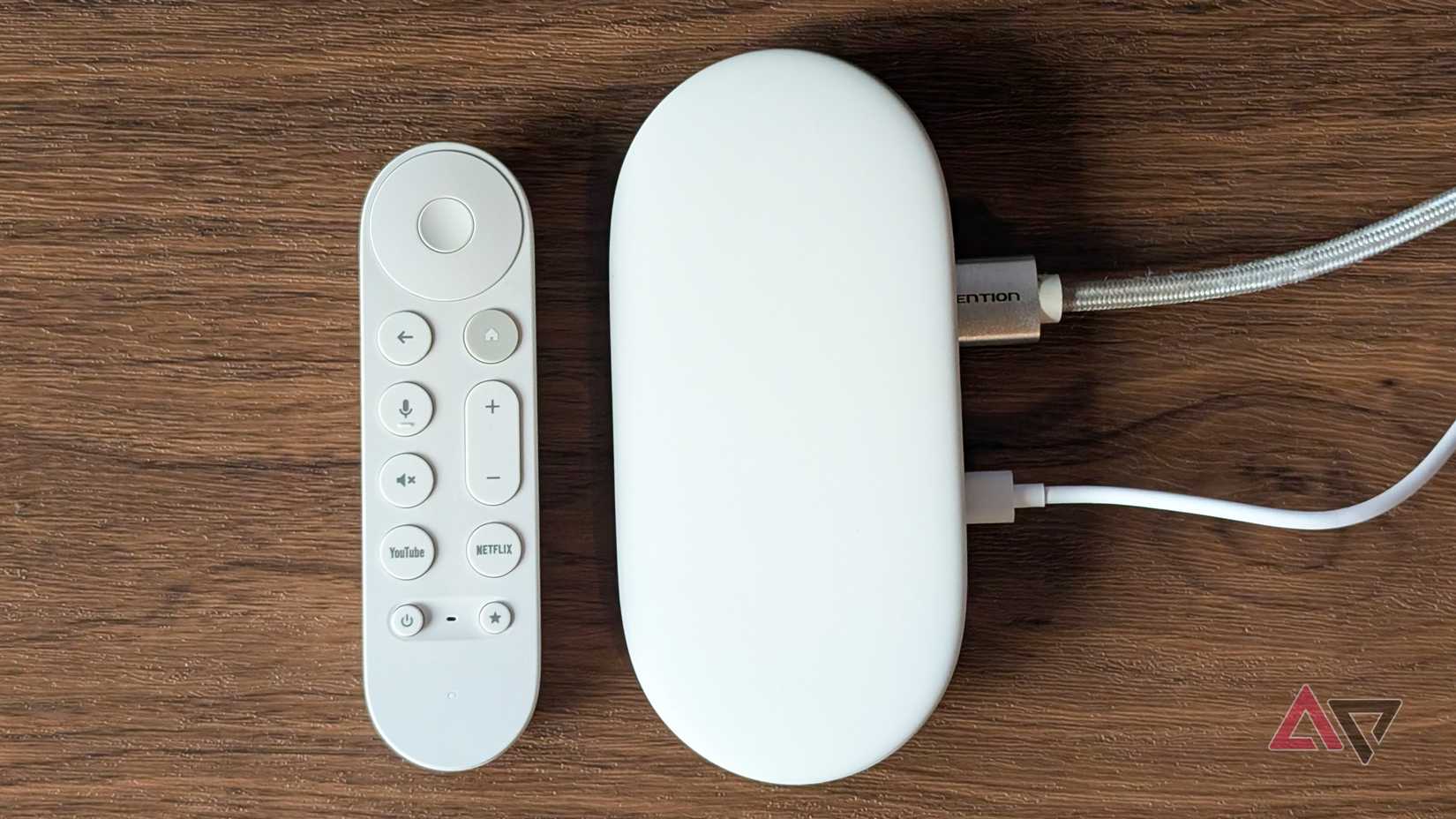 Google TV Streamer 4K device and remote control with an HDMI cable