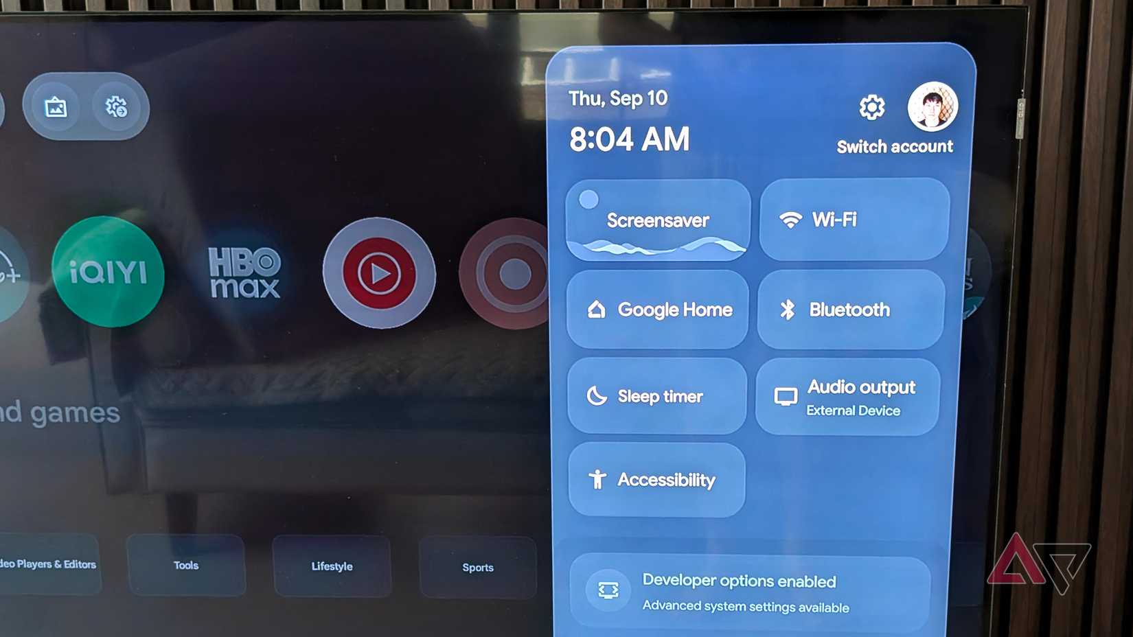 Google TV Streamer quick settings panel showing Home Connectivity and Screensaver