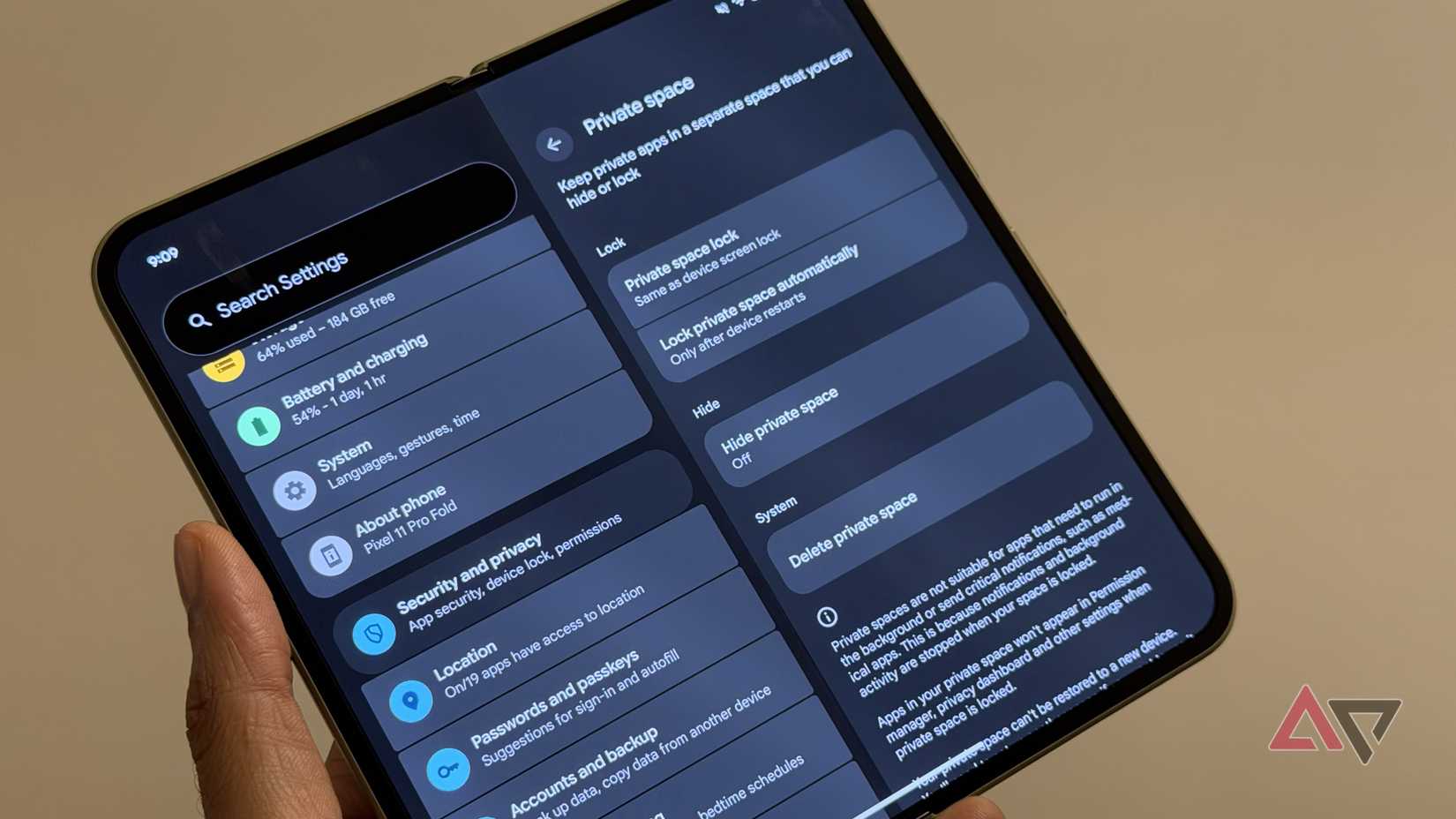 Setting page for Google pixel private space