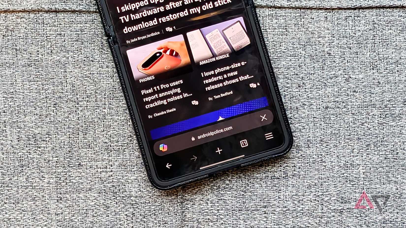 Samsung Galaxy Z Flip 7 phone running Edge browser with Copilot