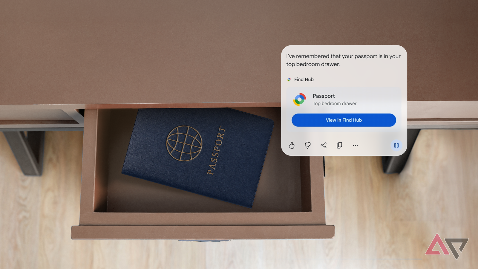 Паспорт в открытом ящике с напоминанием о месте хранения в Find Hub Паспорт в открытом ящике с напоминанием о месте хранения в Find Hub