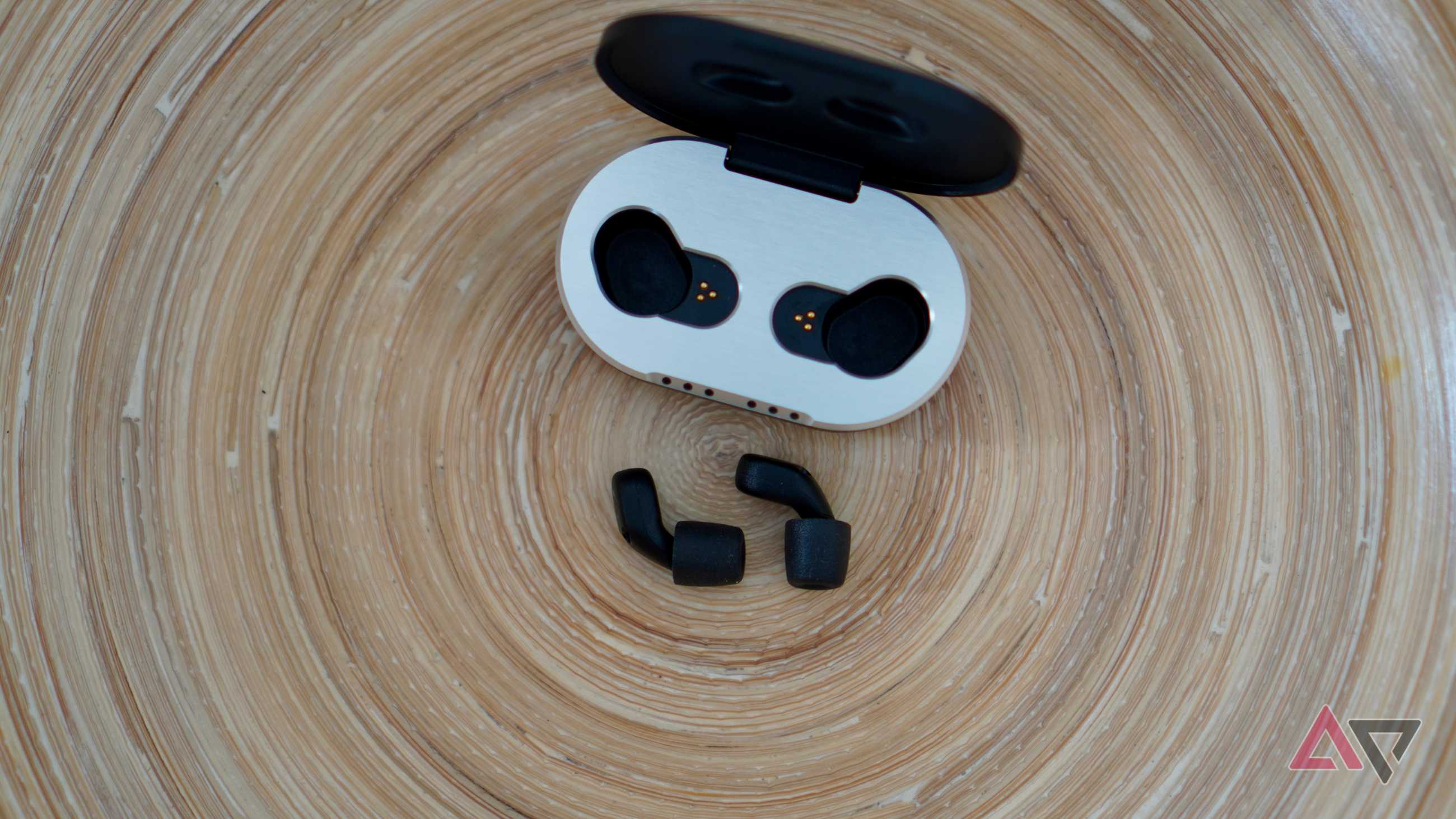 A top-down view of the QuietOn 4 case and earbuds
