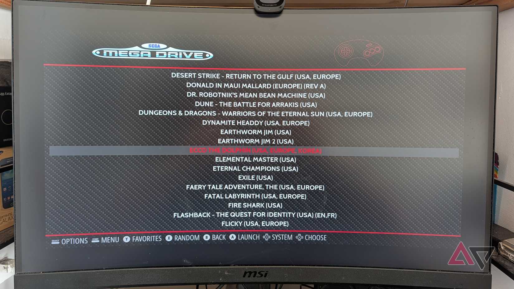 RetroPie's main menu, showing Mega Drive games.