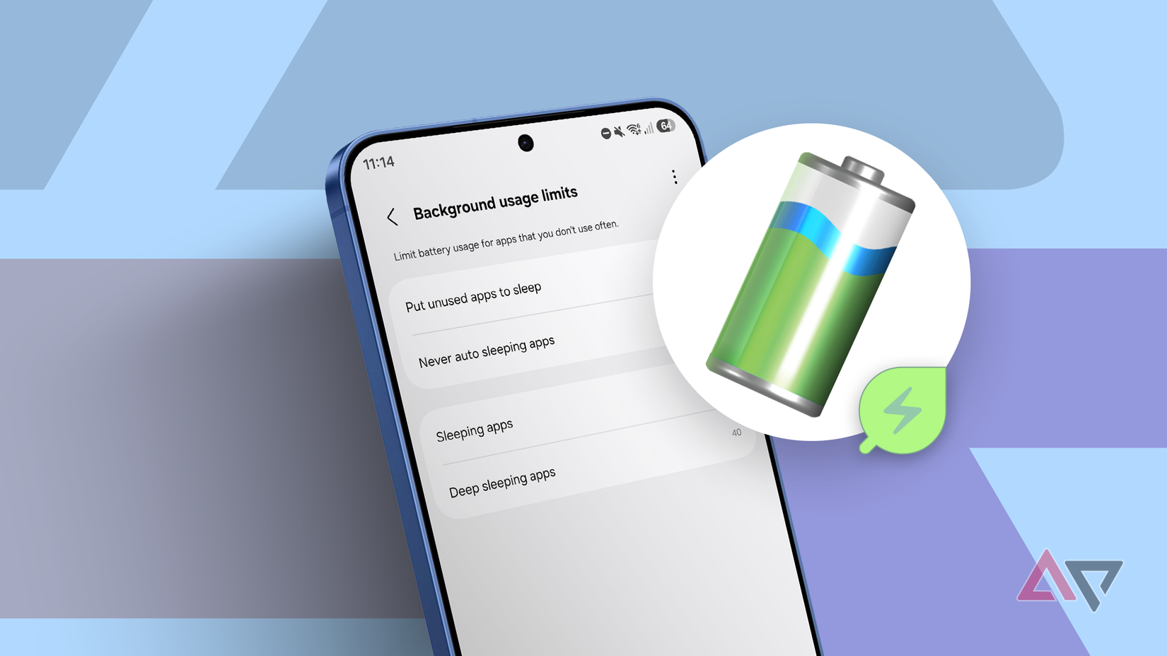 Samsung Galaxy phone showing background usage limits with a battery icon.