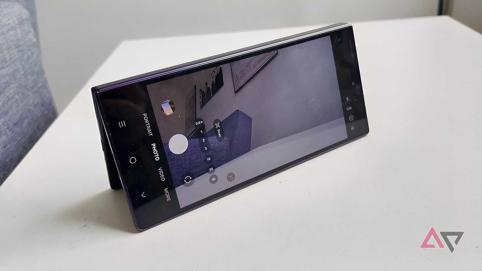 The Samsung Galaxy Z Fold 8 Ultra, folded on a table, shownig the camera viewfinder.
