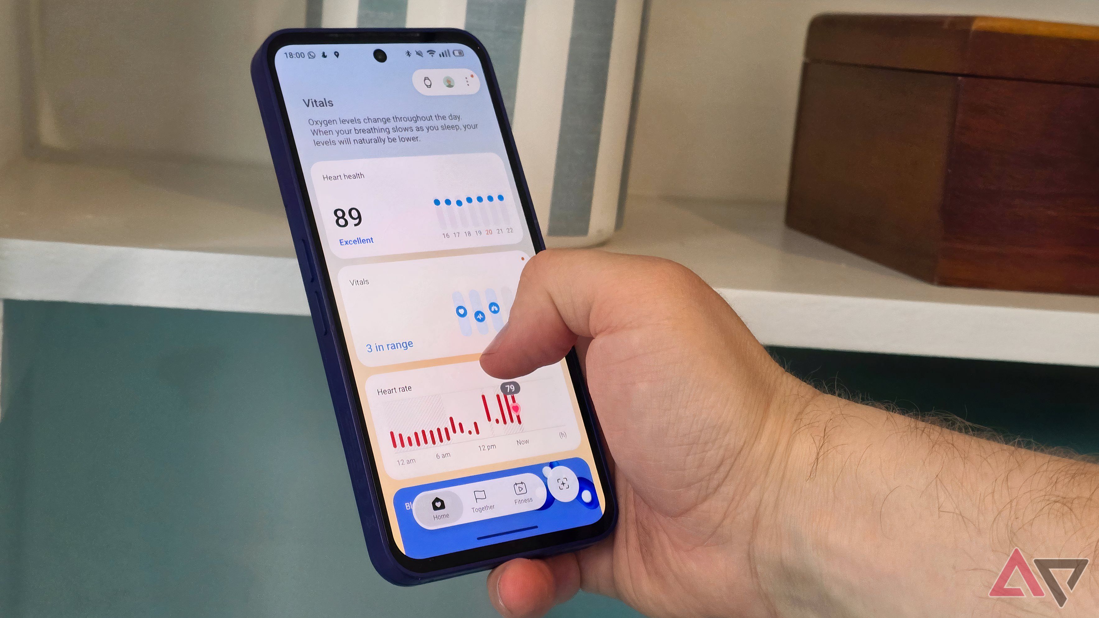A Fairphone 6 Plus on Samsung Health, showing the Vitals menu.