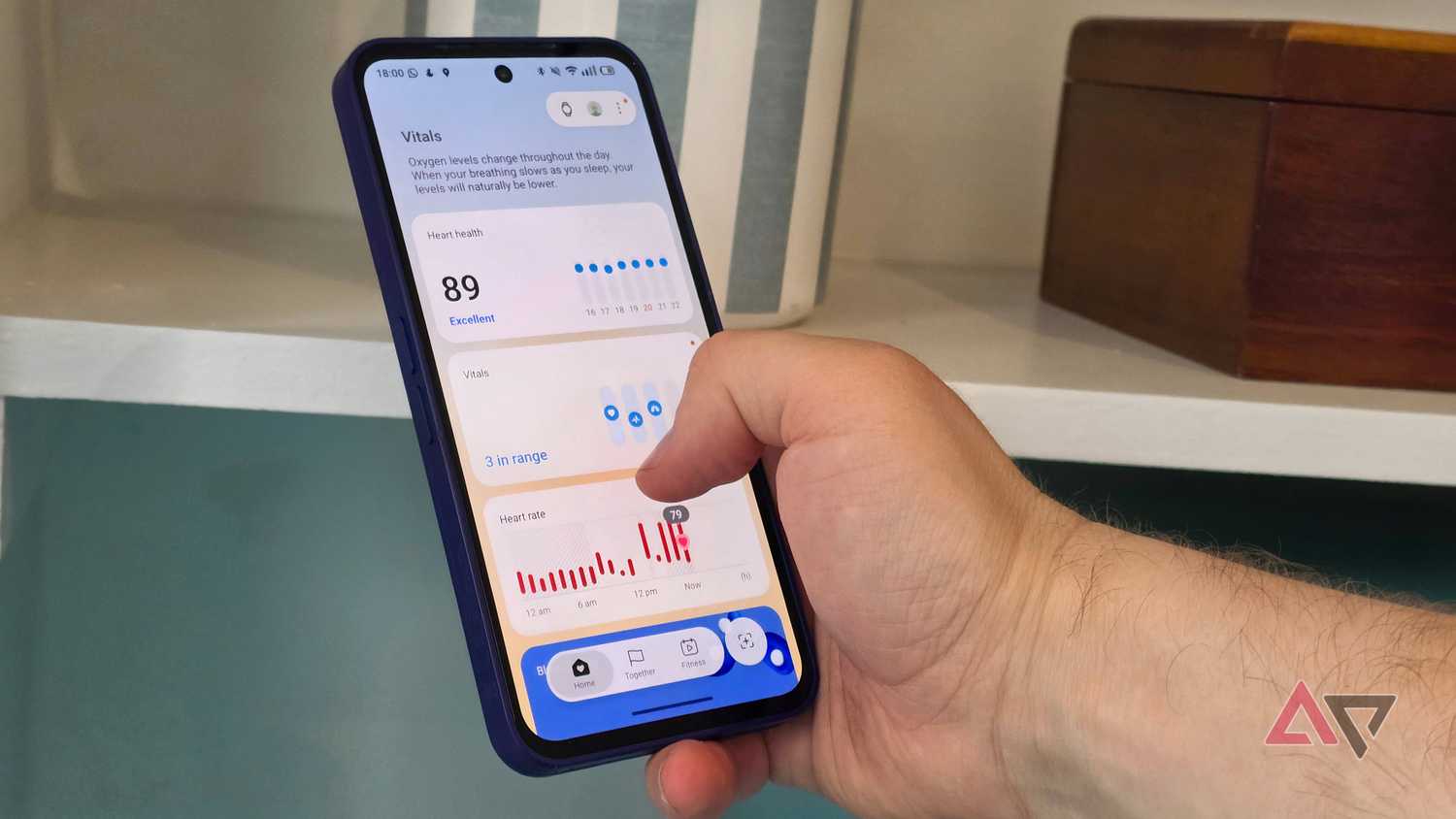 A Fairphone 6 Plus on Samsung Health, showing the Vitals menu.