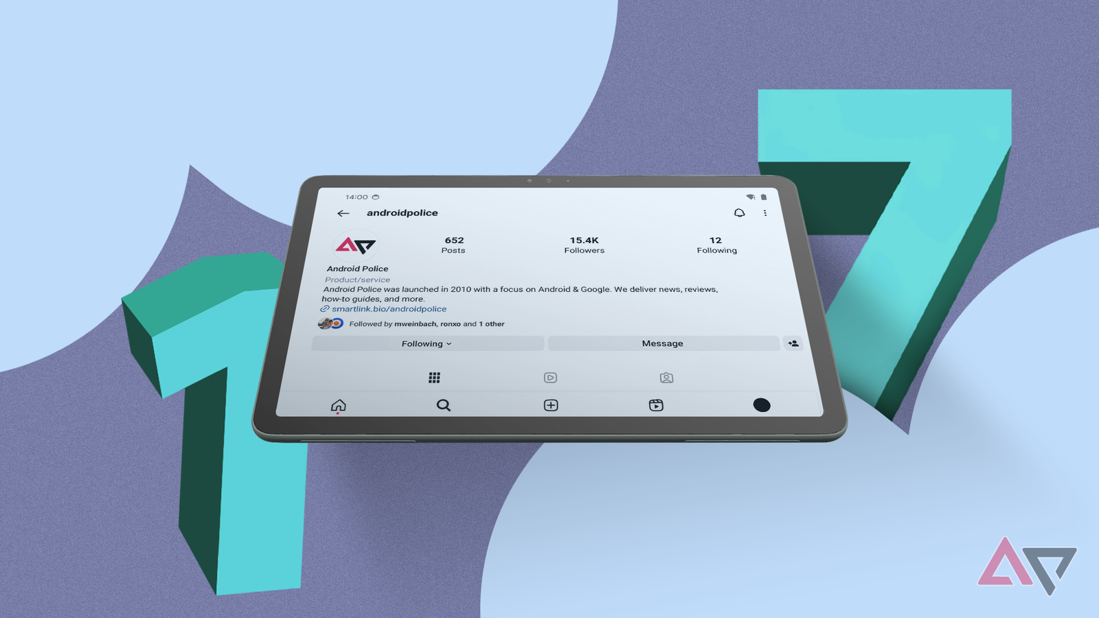 Tablet displaying Instagram with Android 17 in the background.