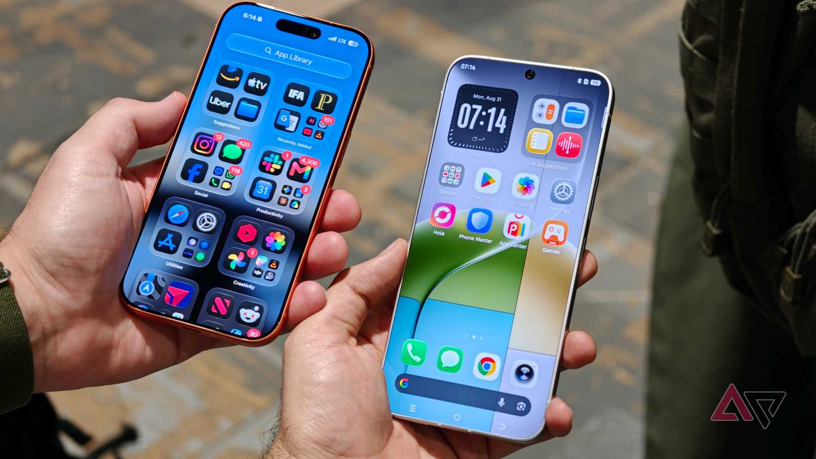 Tecno Borderless Concept, in hand, vs iPhone