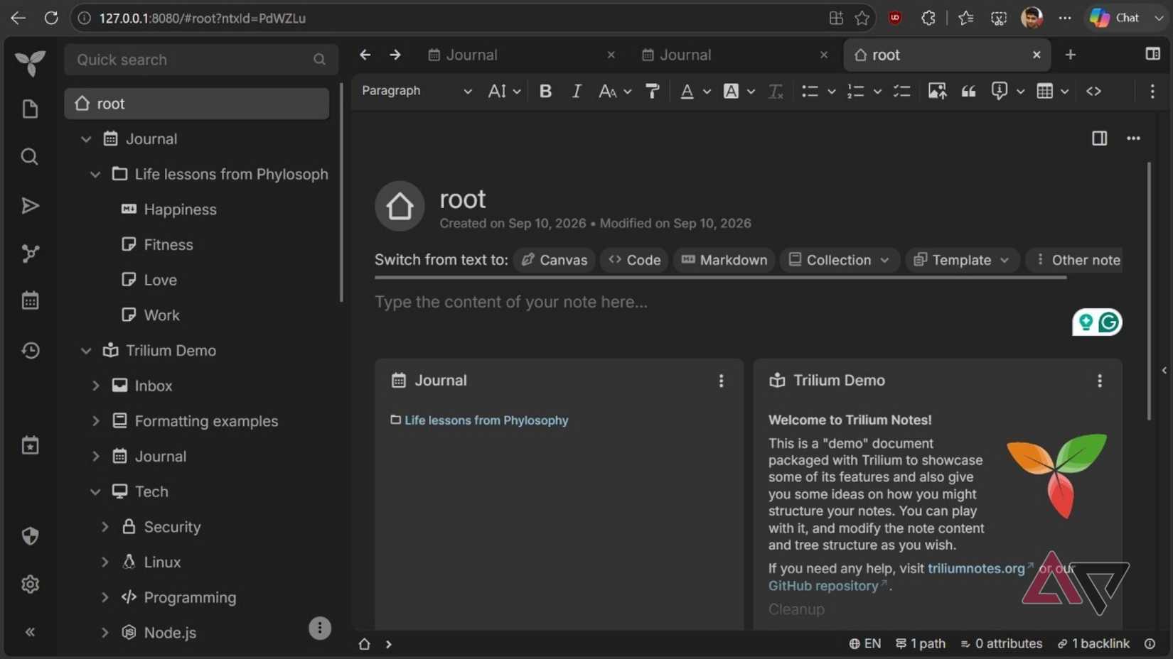Screenshot showing Trillium self-hosted through Docker