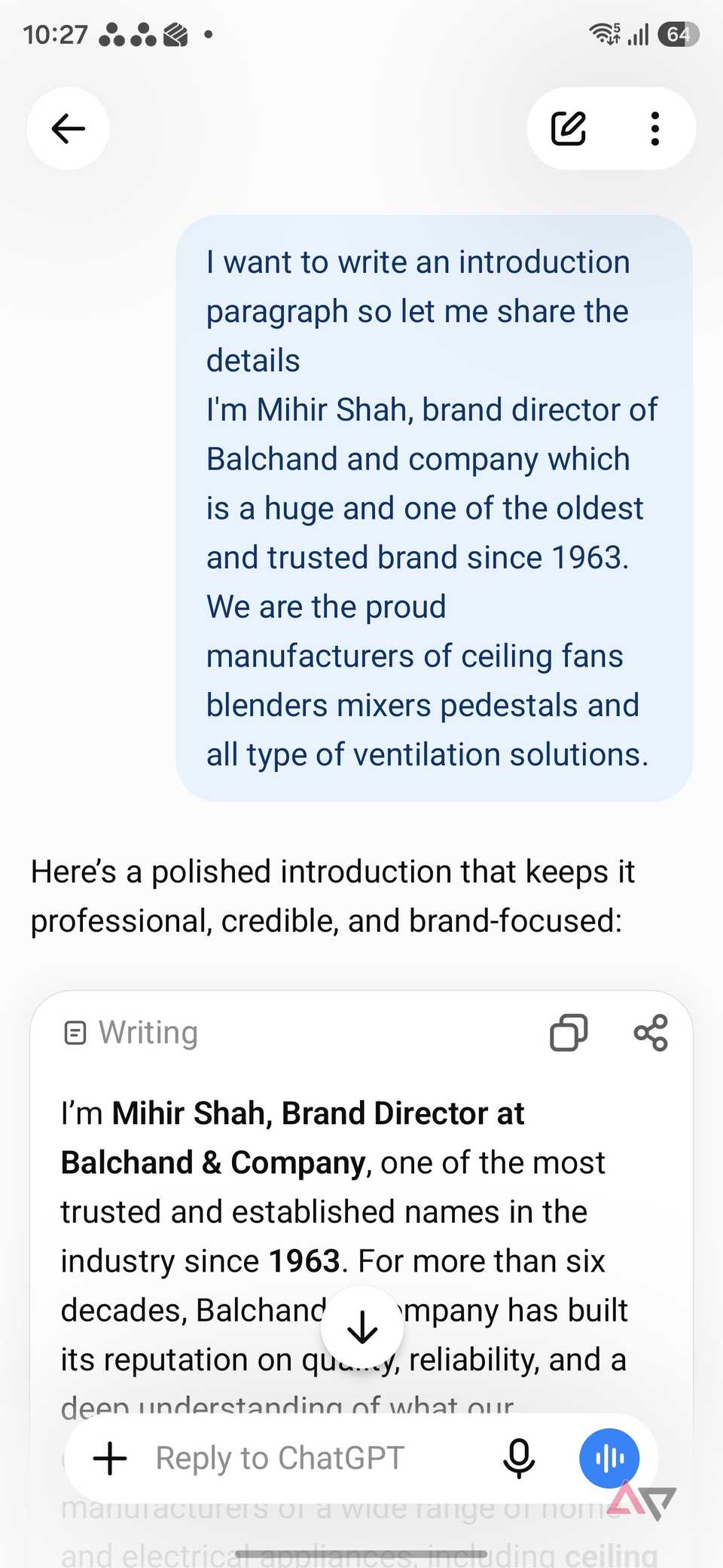ChatGPT creating an email
