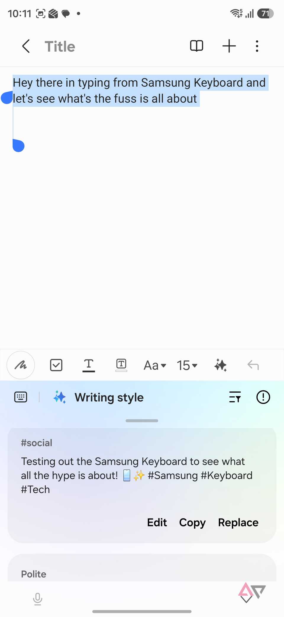 Assistente alla scrittura con tastiera Samsung