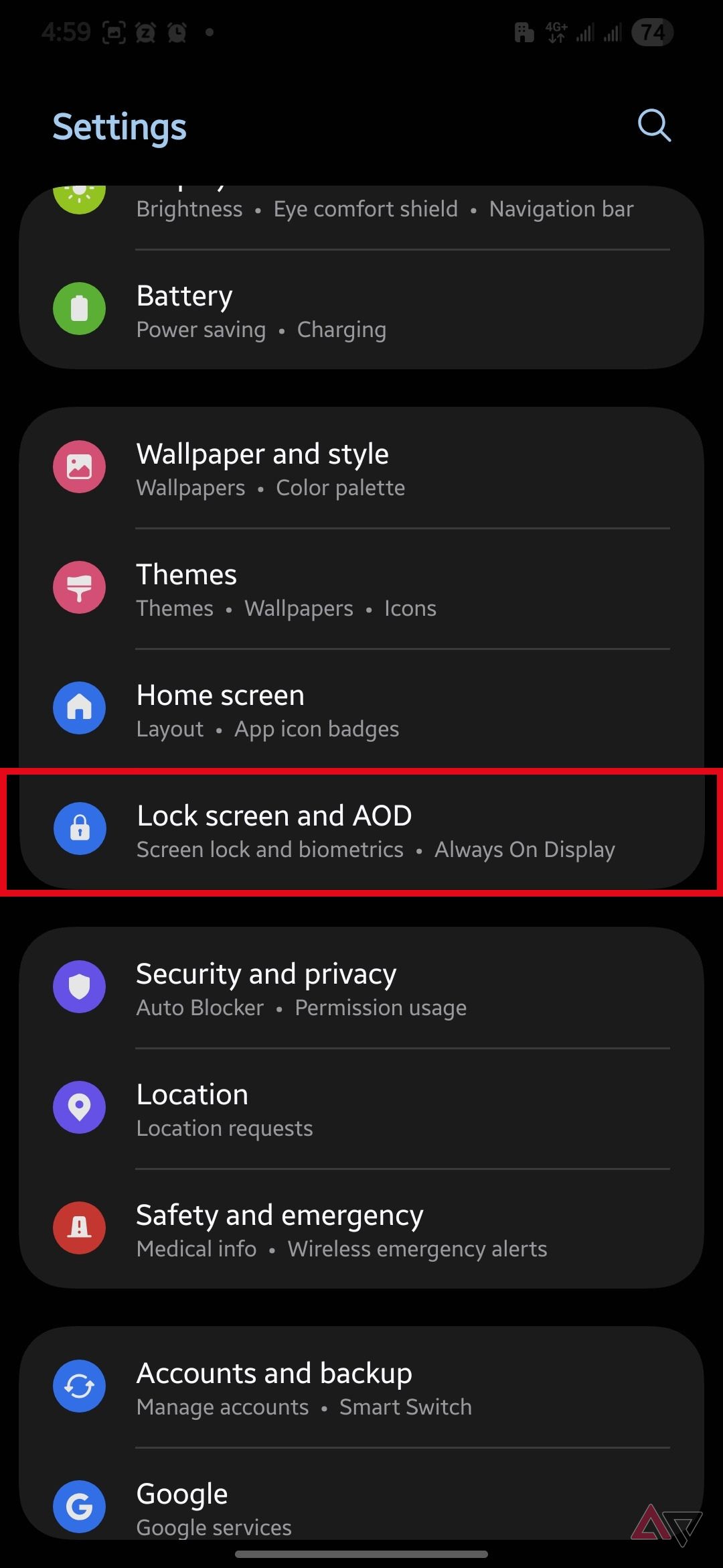 Lock screen and AOD option highlighted in the Settings app on a Samsung Galaxy phone