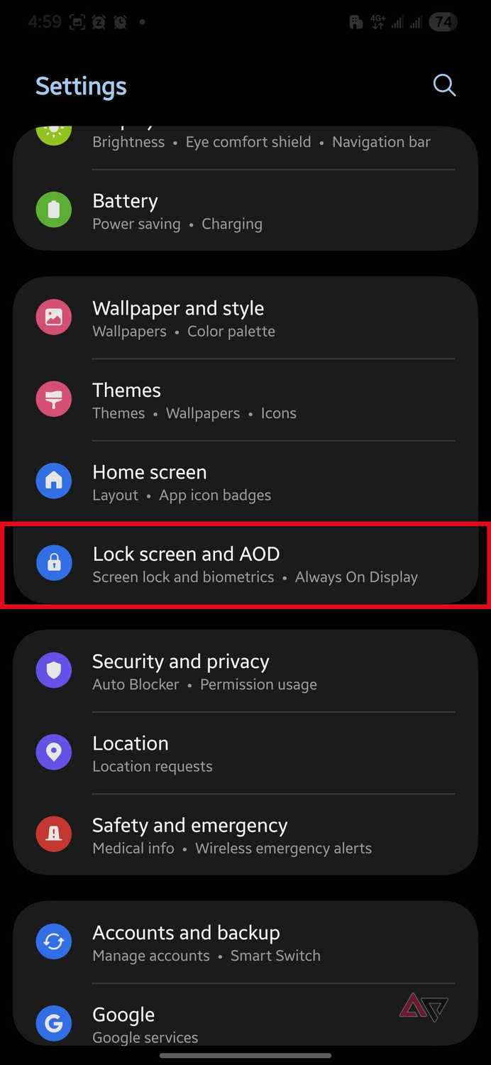Lock screen and AOD option highlighted in the Settings app on a Samsung Galaxy phone