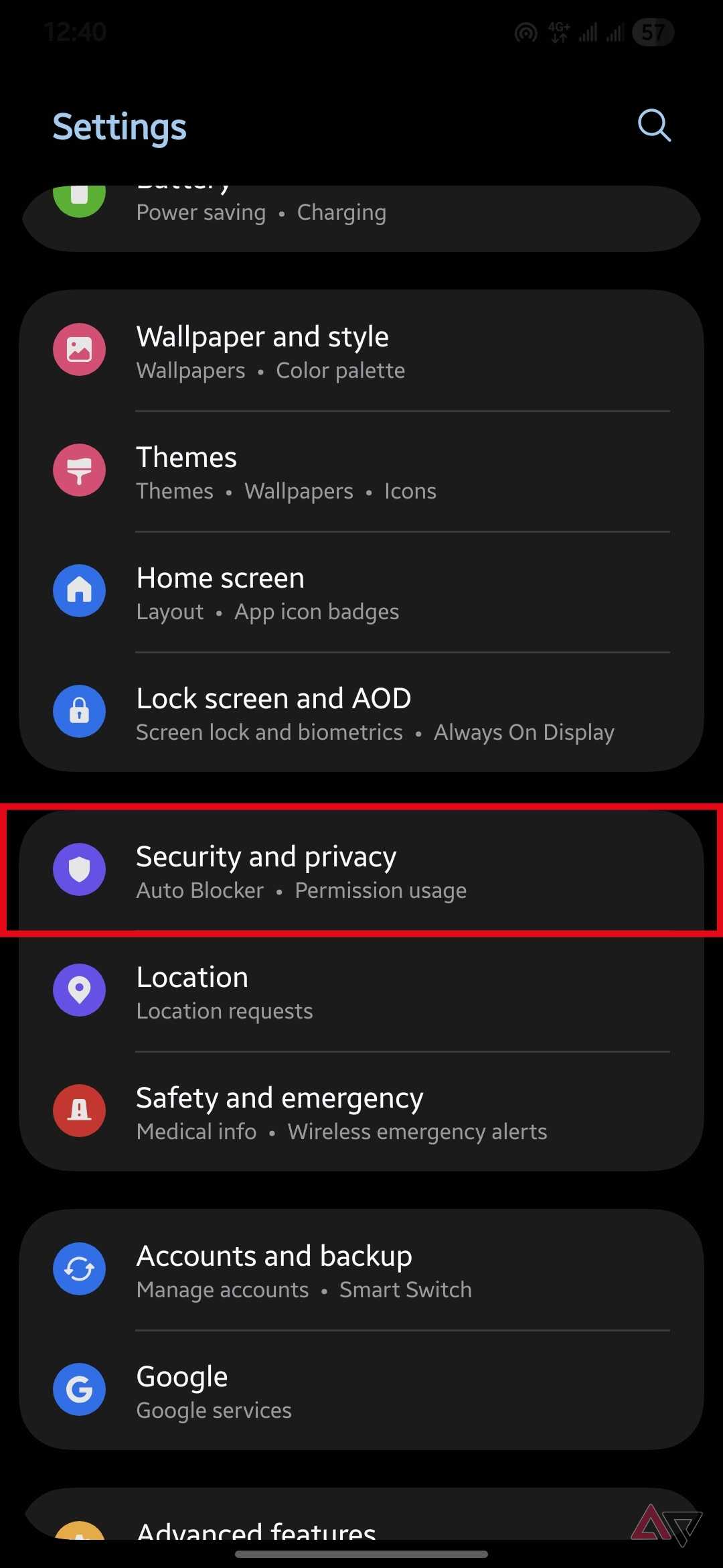 Security and privacy option highlighted in the Settings app on a Samsung Galaxy phone