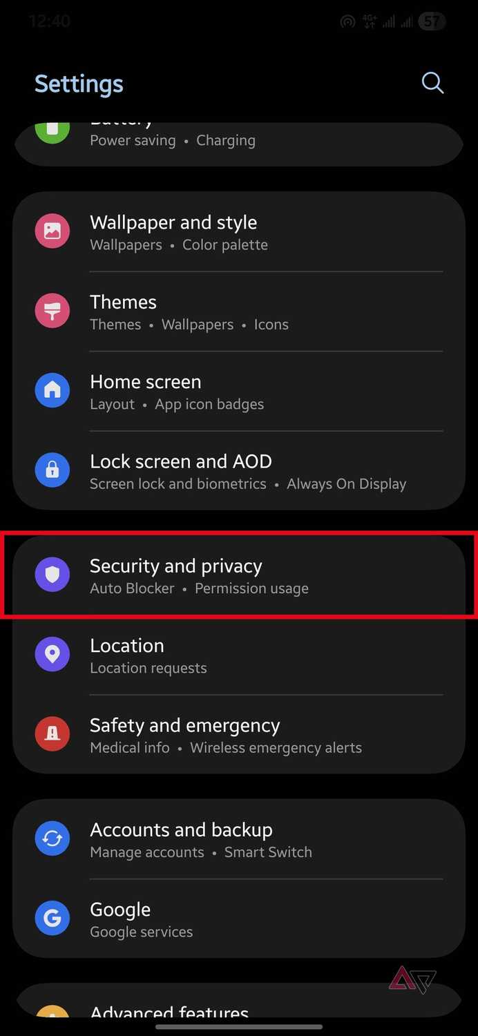 Security and privacy option highlighted in the Settings app on a Samsung Galaxy phone