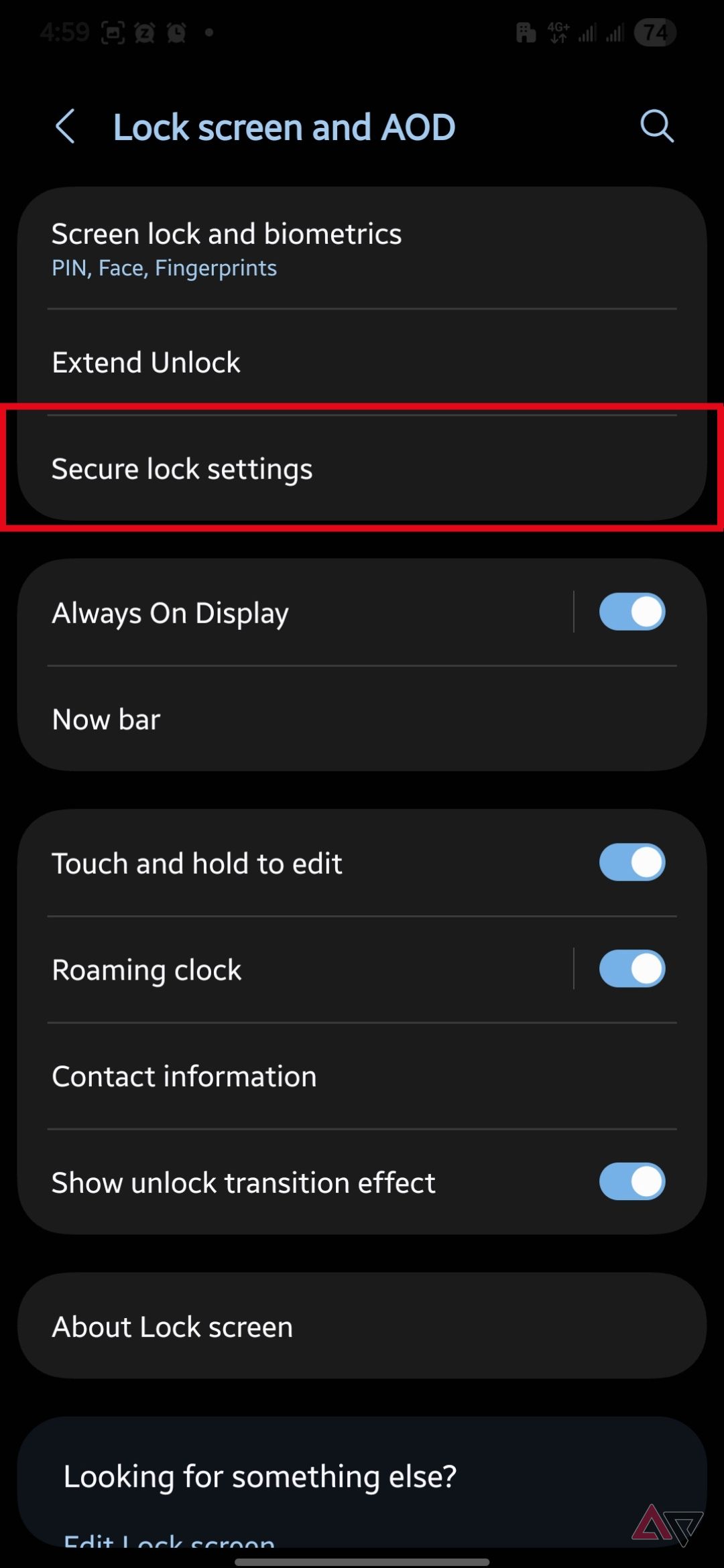 Secure lock settings option highlighted in the Lock screen and AOD menu