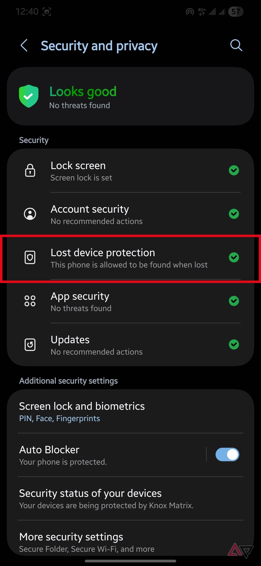 Lost device protection option highlighted in the Security and privacy menu