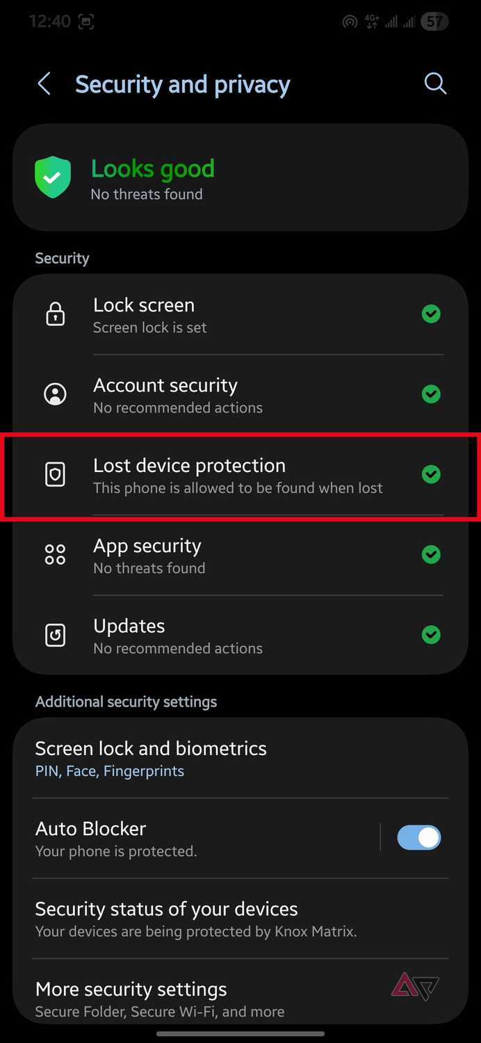 Lost device protection option highlighted in the Security and privacy menu