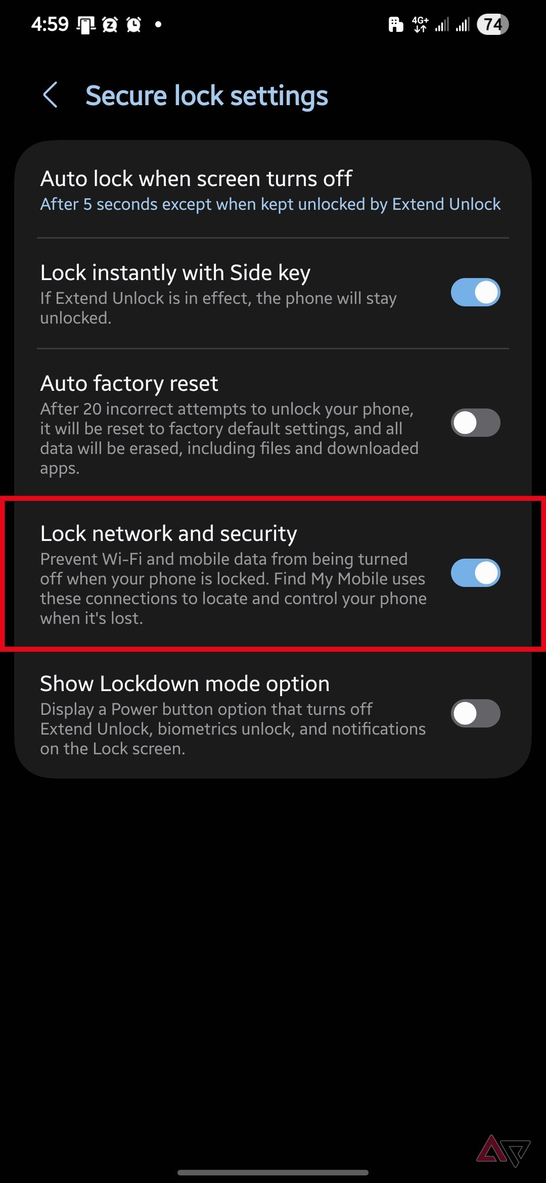 Lock network and security toggle turned on in Secure lock settings on a Samsung Galaxy phone