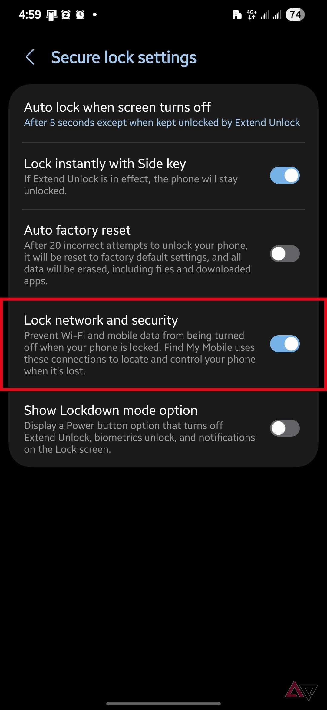 Lock network and security toggle turned on in Secure lock settings on a Samsung Galaxy phone