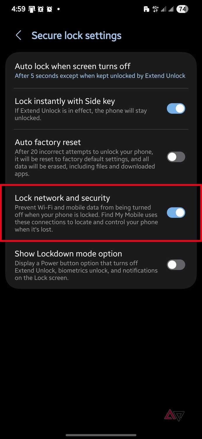 Lock network and security toggle turned on in Secure lock settings on a Samsung Galaxy phone