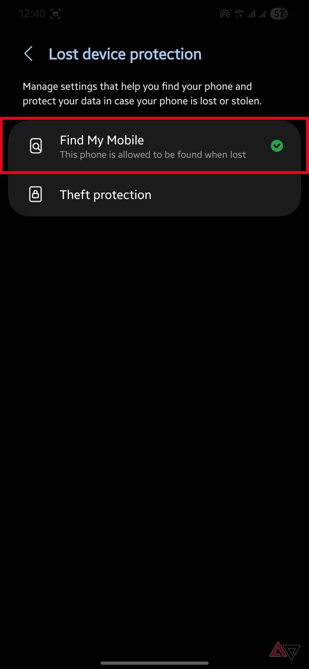 Find My Mobile option highlighted in the Lost device protection menu