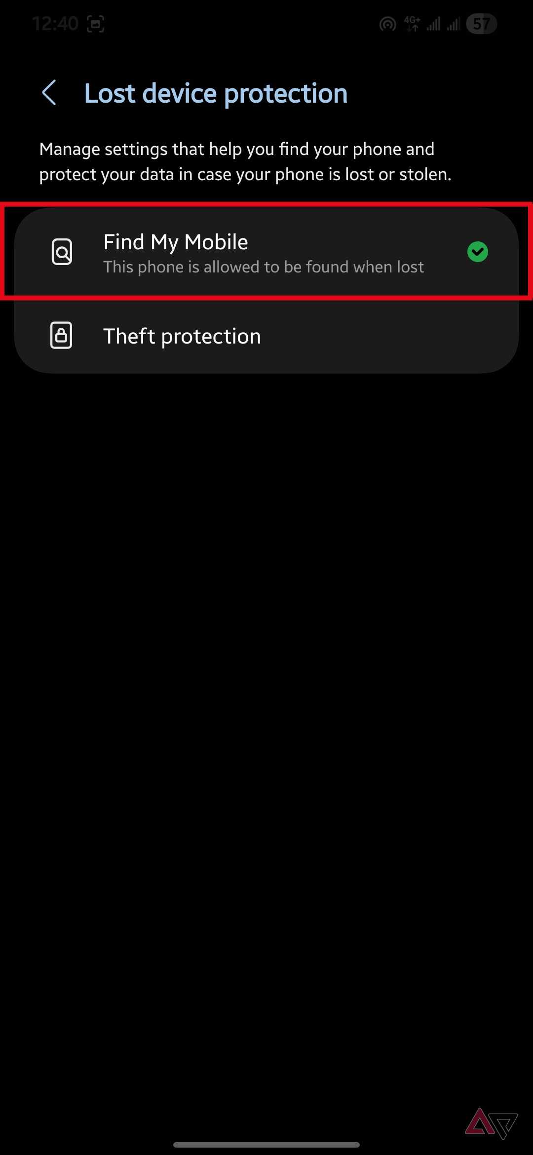 Find My Mobile option highlighted in the Lost device protection menu
