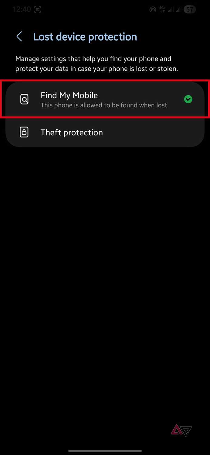 Find My Mobile option highlighted in the Lost device protection menu
