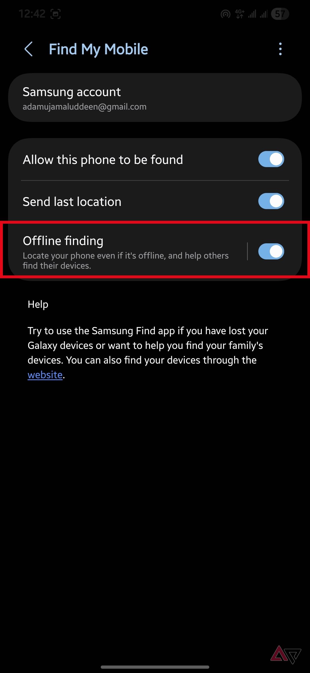 Offline finding option highlighted in the Find My Mobile settings on a Samsung Galaxy phone