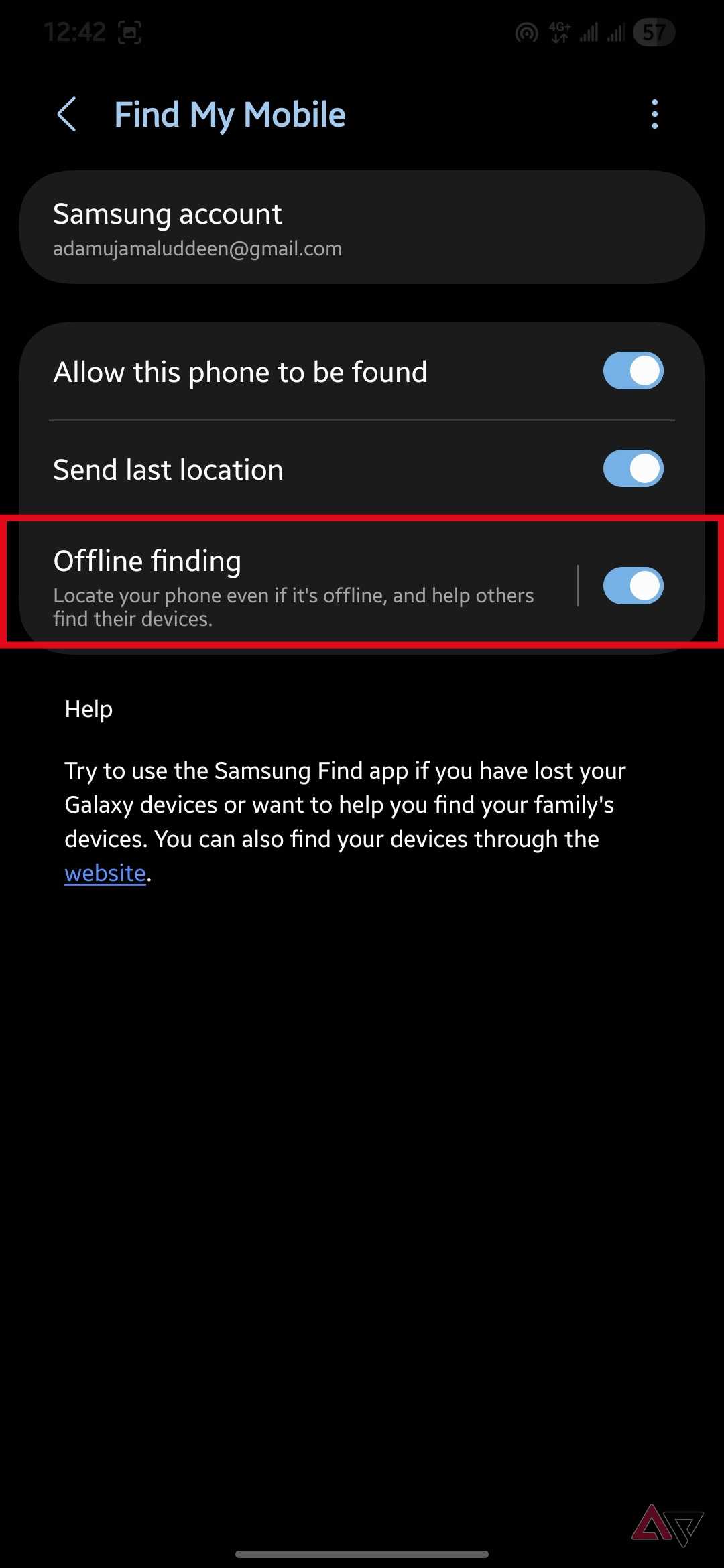 Offline finding option highlighted in the Find My Mobile settings on a Samsung Galaxy phone