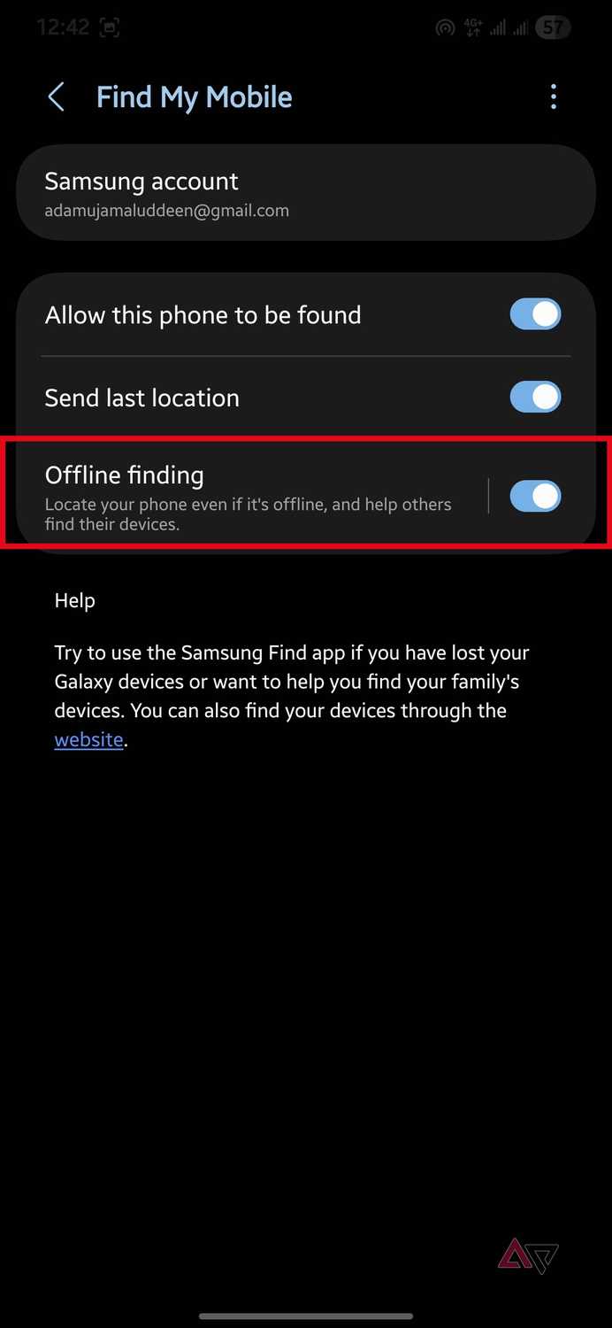 Offline finding option highlighted in the Find My Mobile settings on a Samsung Galaxy phone