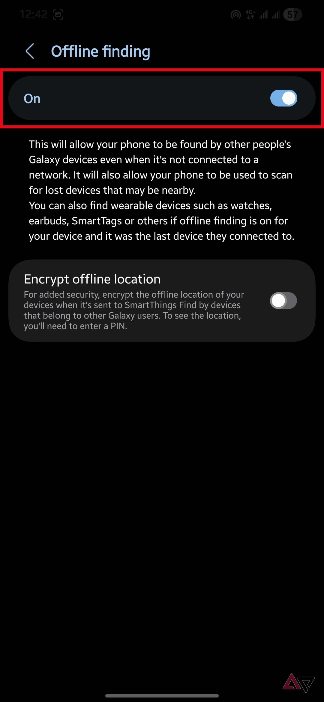 Offline finding toggle turned on with an explanation of how other Galaxy devices help locate the phone