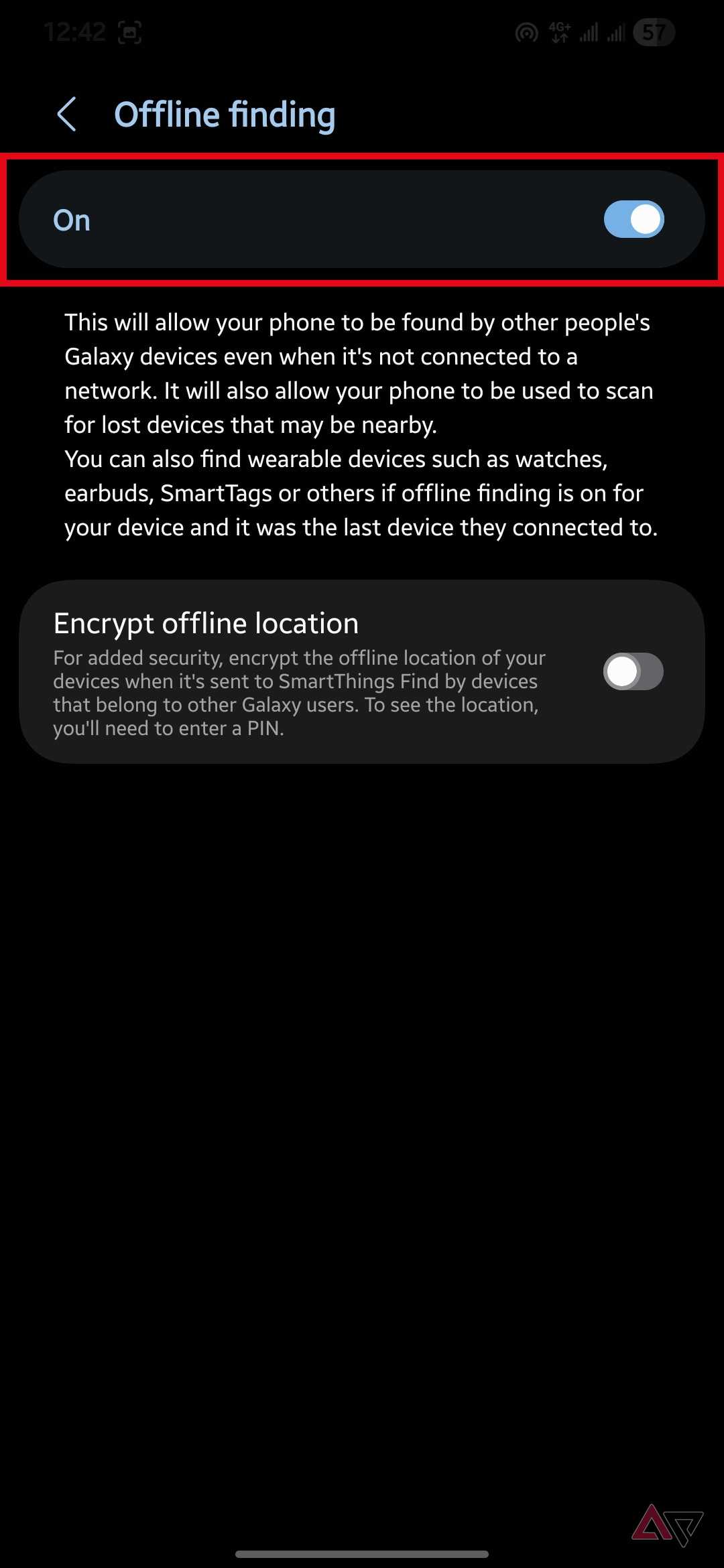 Offline finding toggle turned on with an explanation of how other Galaxy devices help locate the phone