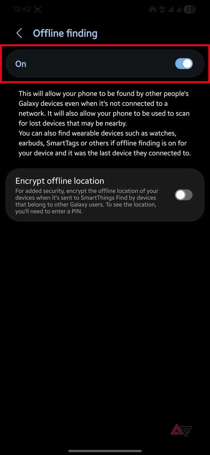 Offline finding toggle turned on with an explanation of how other Galaxy devices help locate the phone