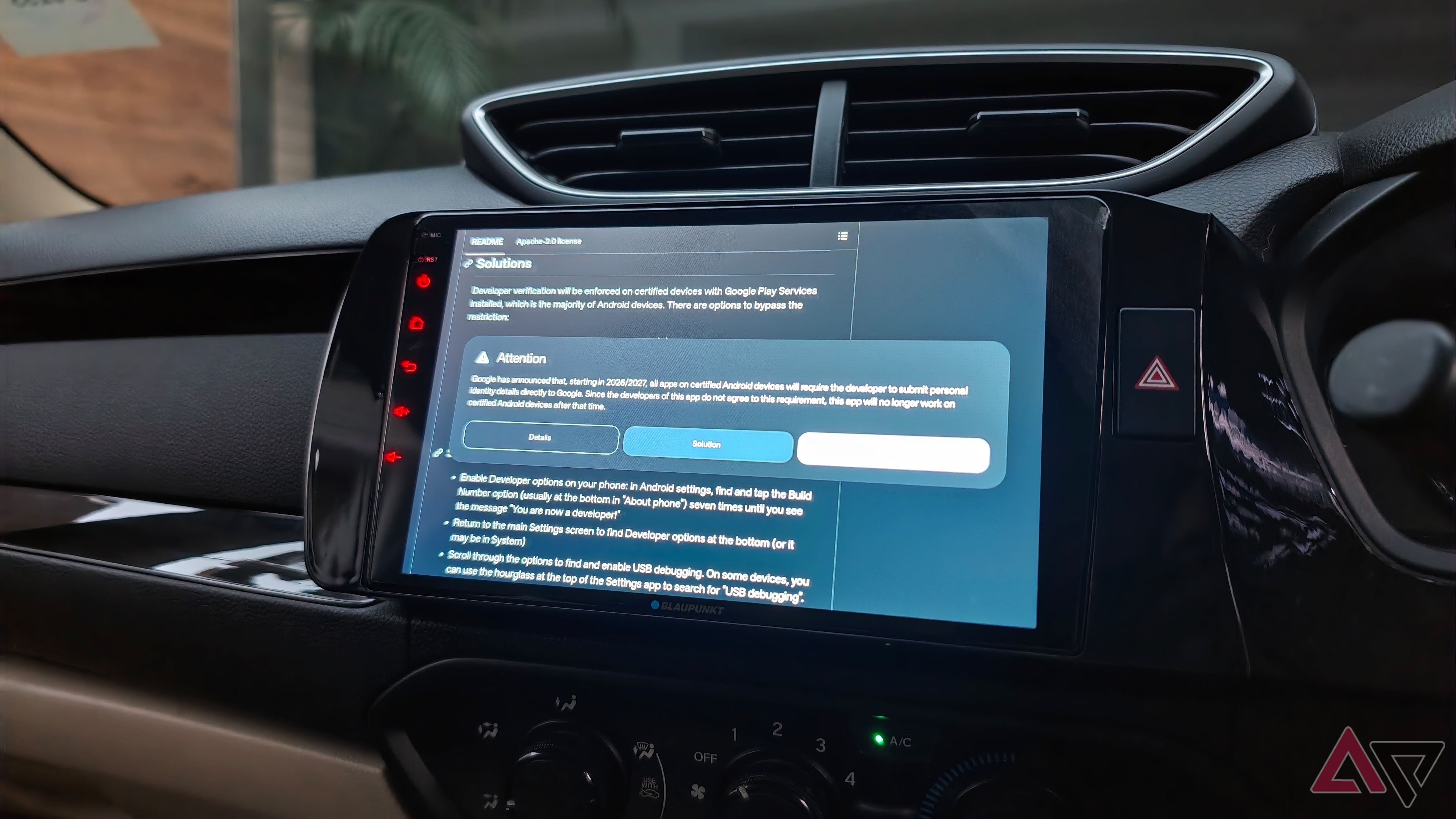 AA Browser on Android Auto developer warning