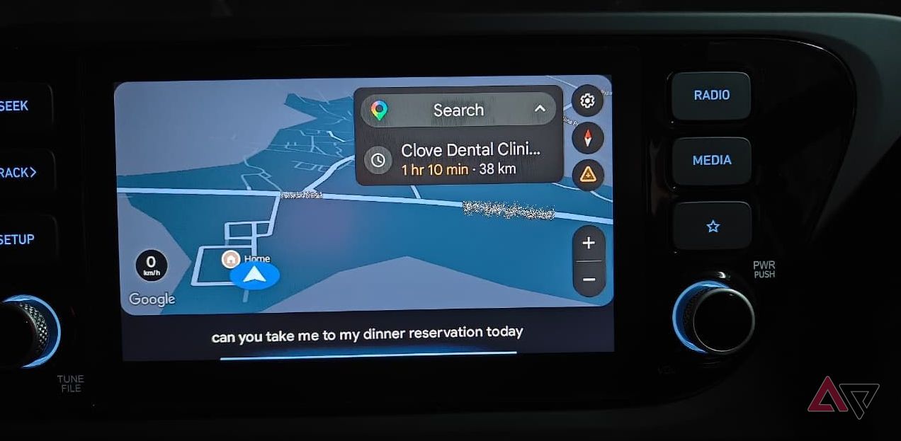 Photo showing a Gemini command in Android Auto asking for directions to a restaurant