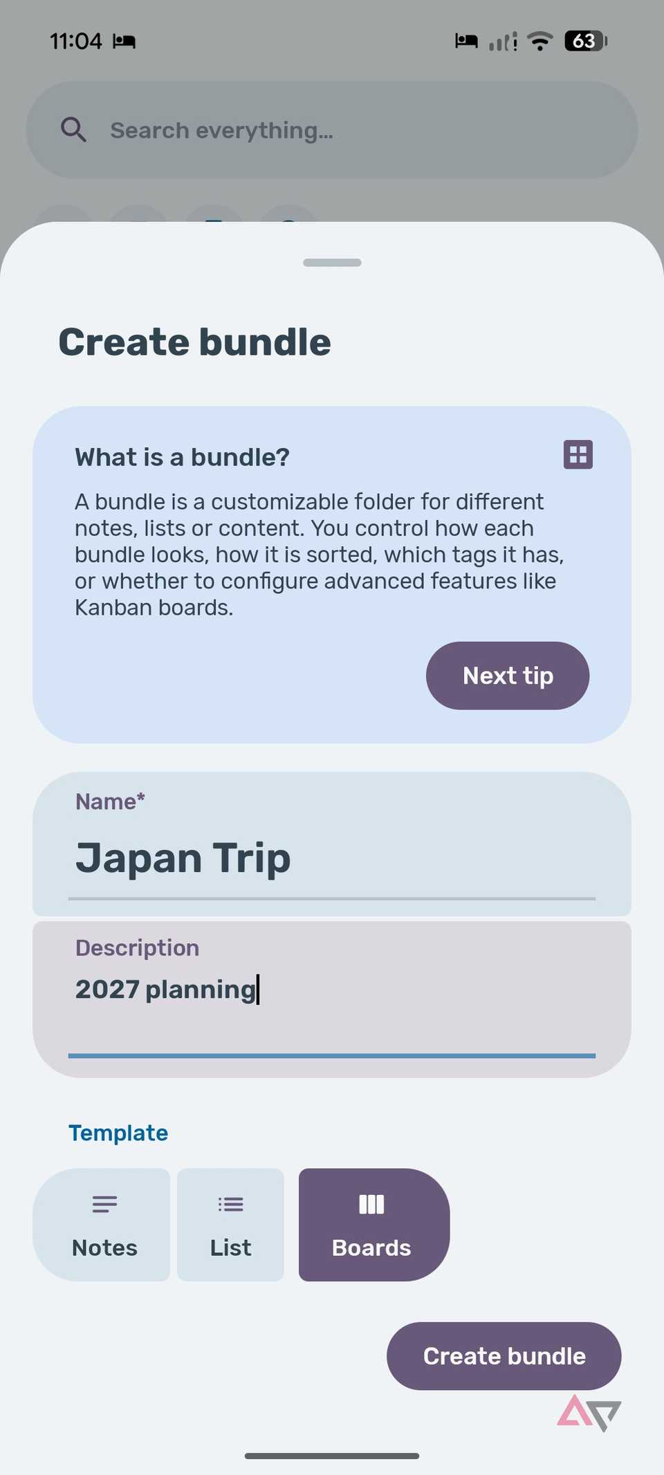 create a bundle Bundled Notes