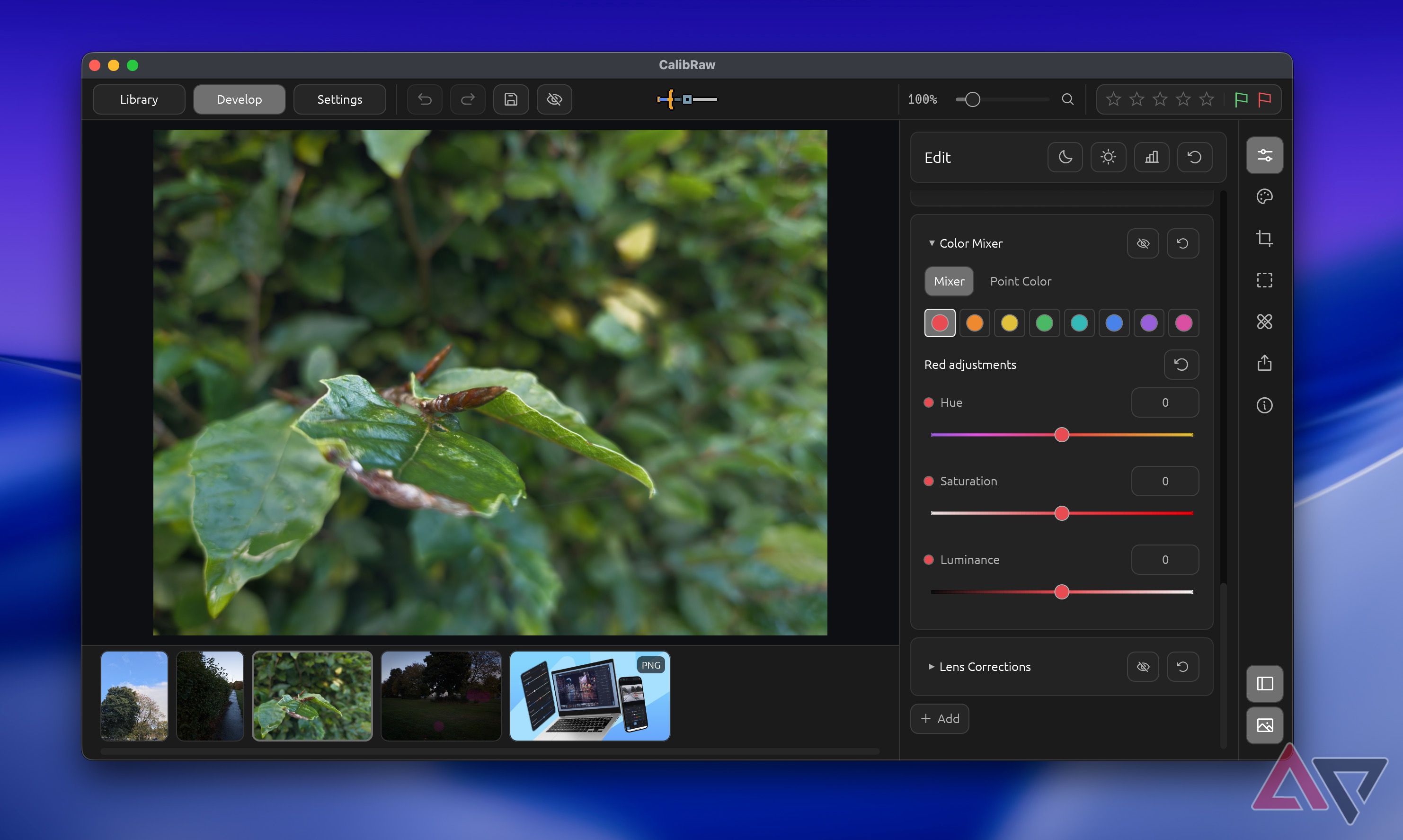 Screenshot showing color mixture in CalibRaw