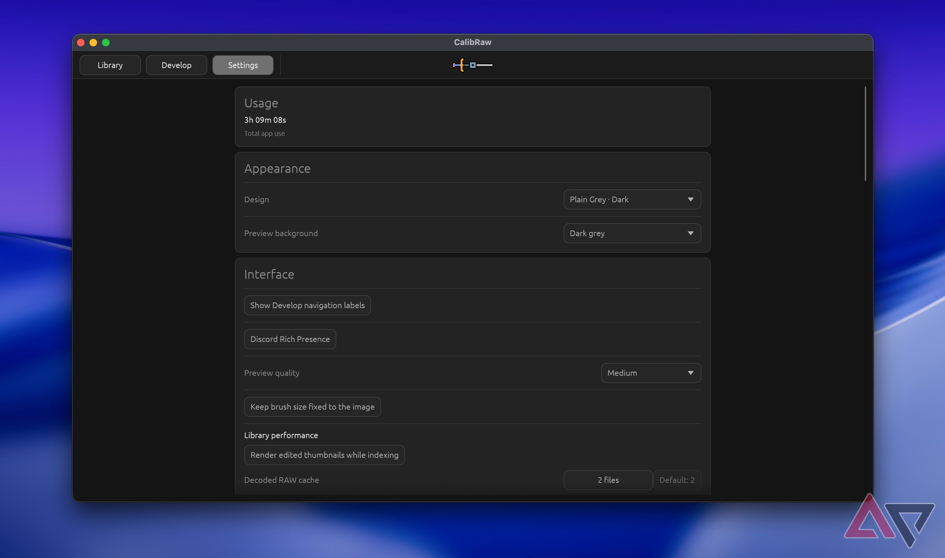 Screenshot showing settings in CalibRaw