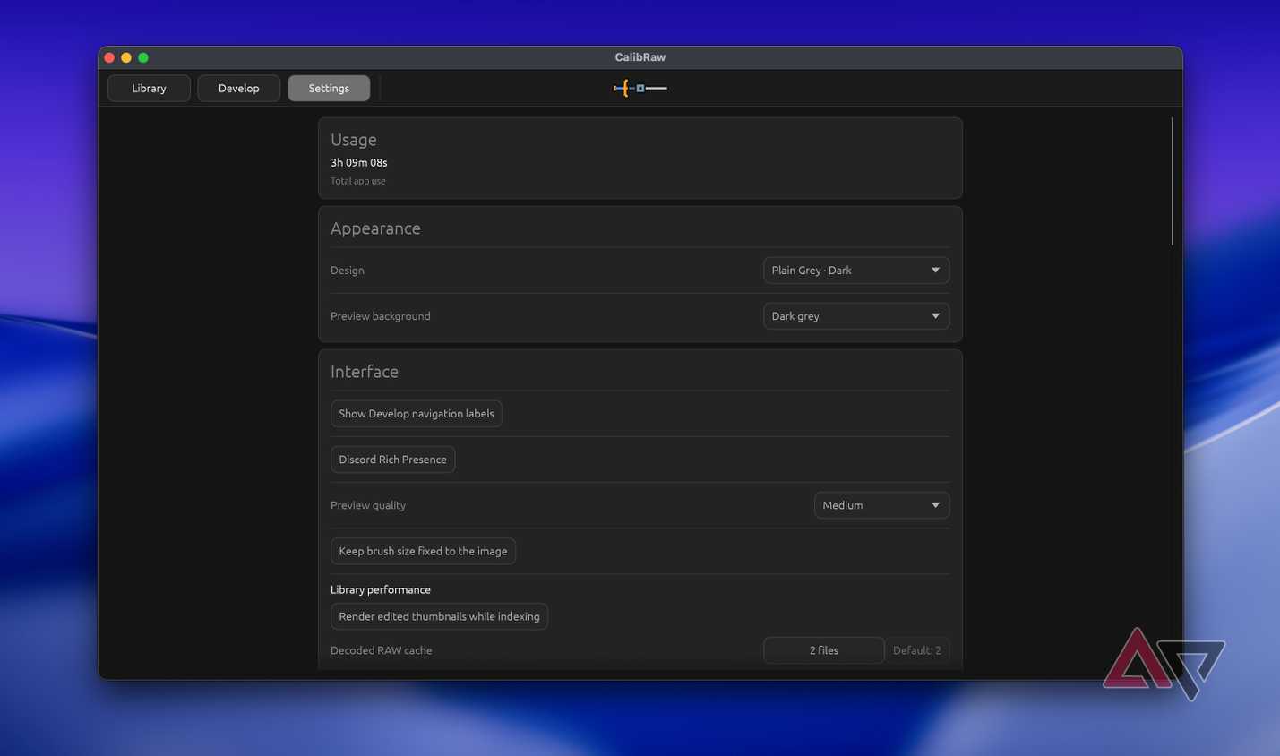 Screenshot showing settings in CalibRaw