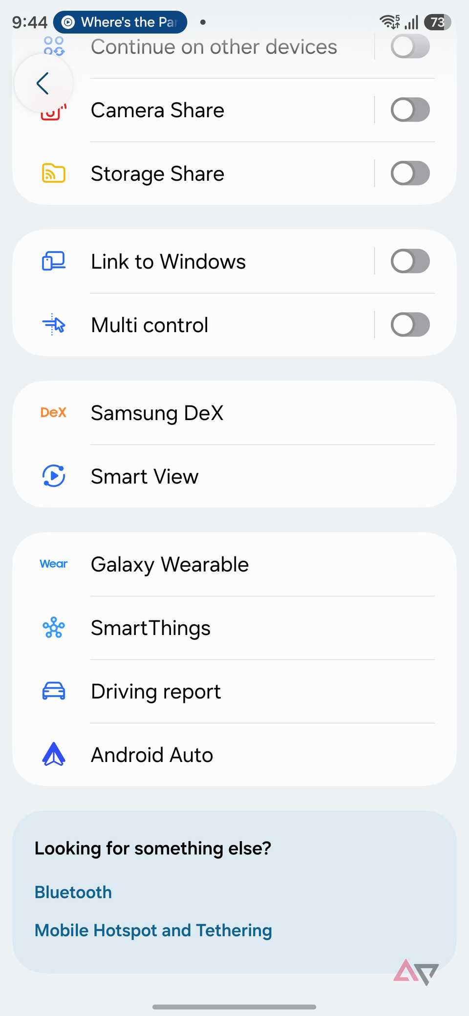 Connections menu on Samsung phone