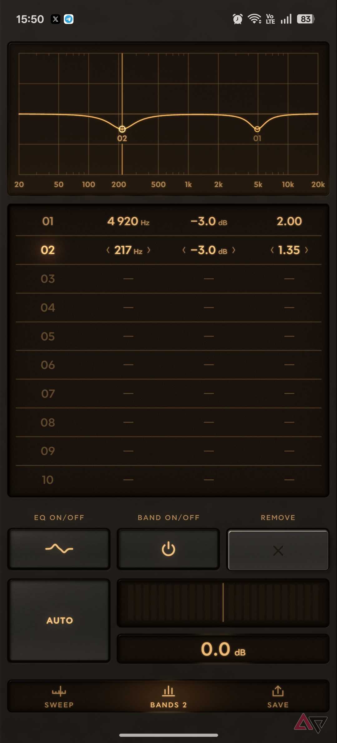 EQSweep app eq band save
