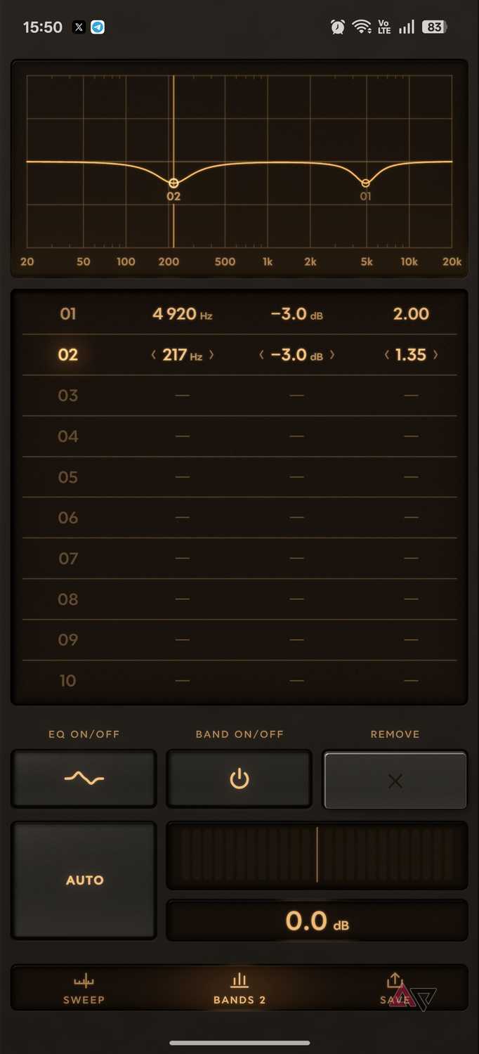 EQSweep app eq band save