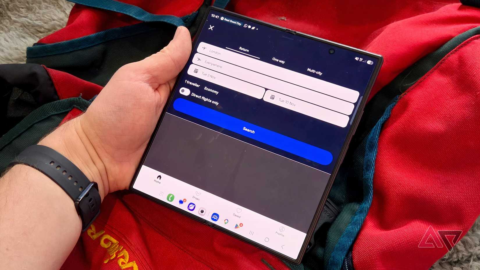 The Samsung Galaxy Z Fold 8 Ultra's inner screen, showing Skyscanner.